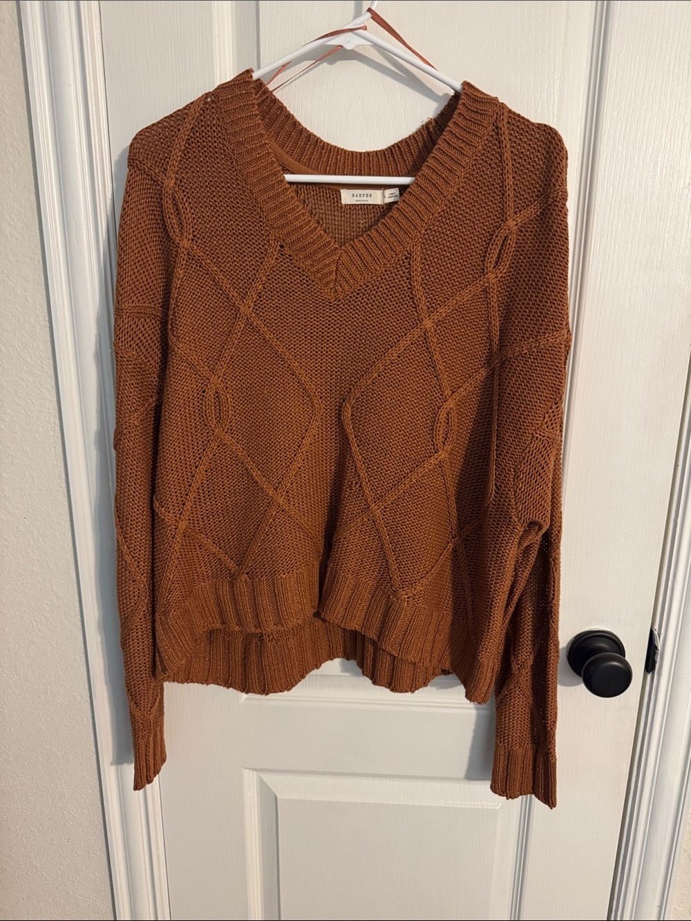 Harper V-Neck Cable Knit Sweater in Rust